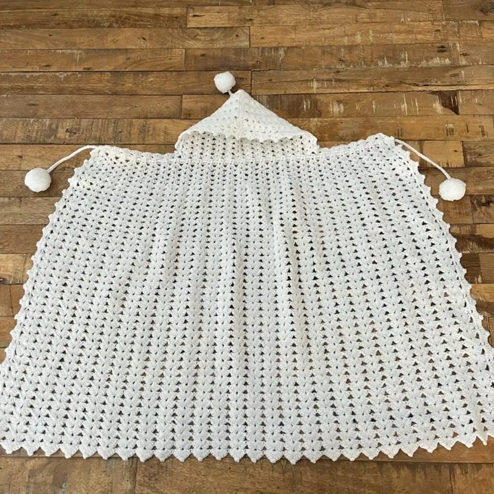 Handmade Crochet Hooded Shawl Cape Infant Toddler Unisex Adjustable Drawstring